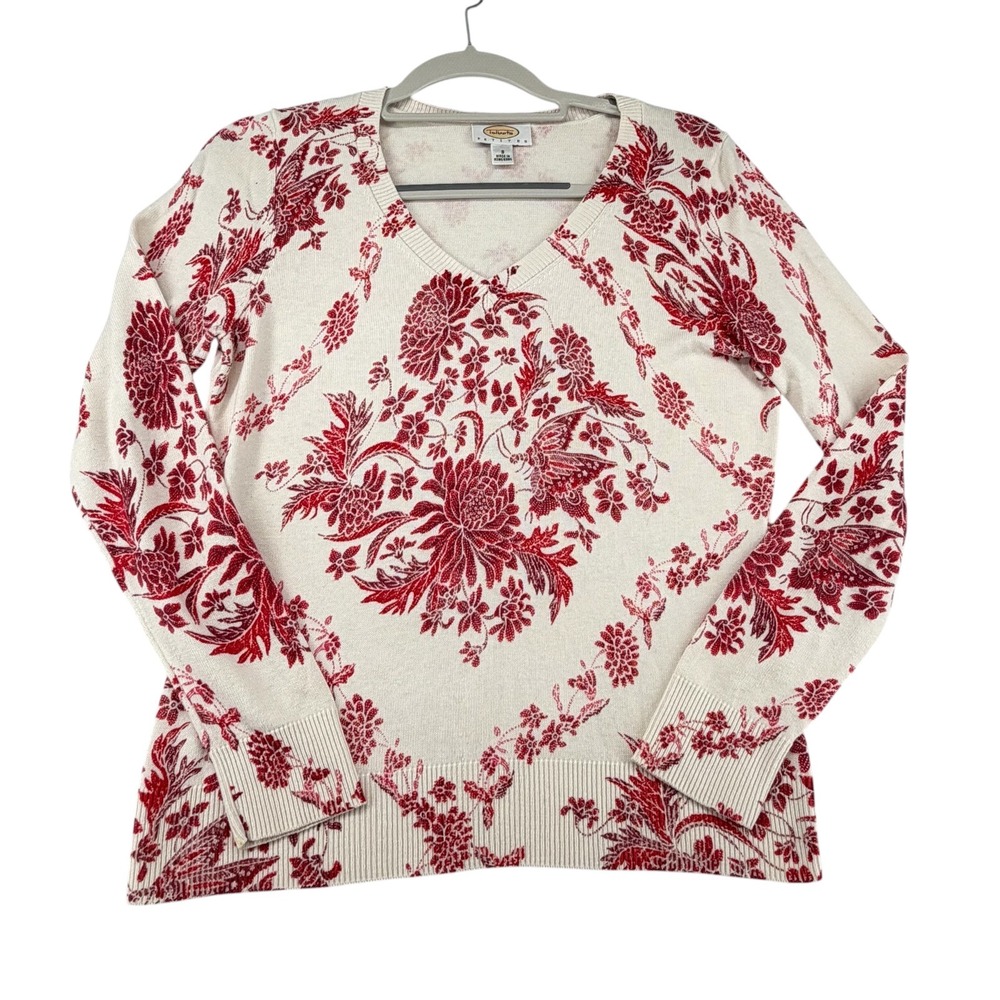 Talbots Petites V-Neck Sweater Womens Small Cream Red Floral Silk Blend Knit Top